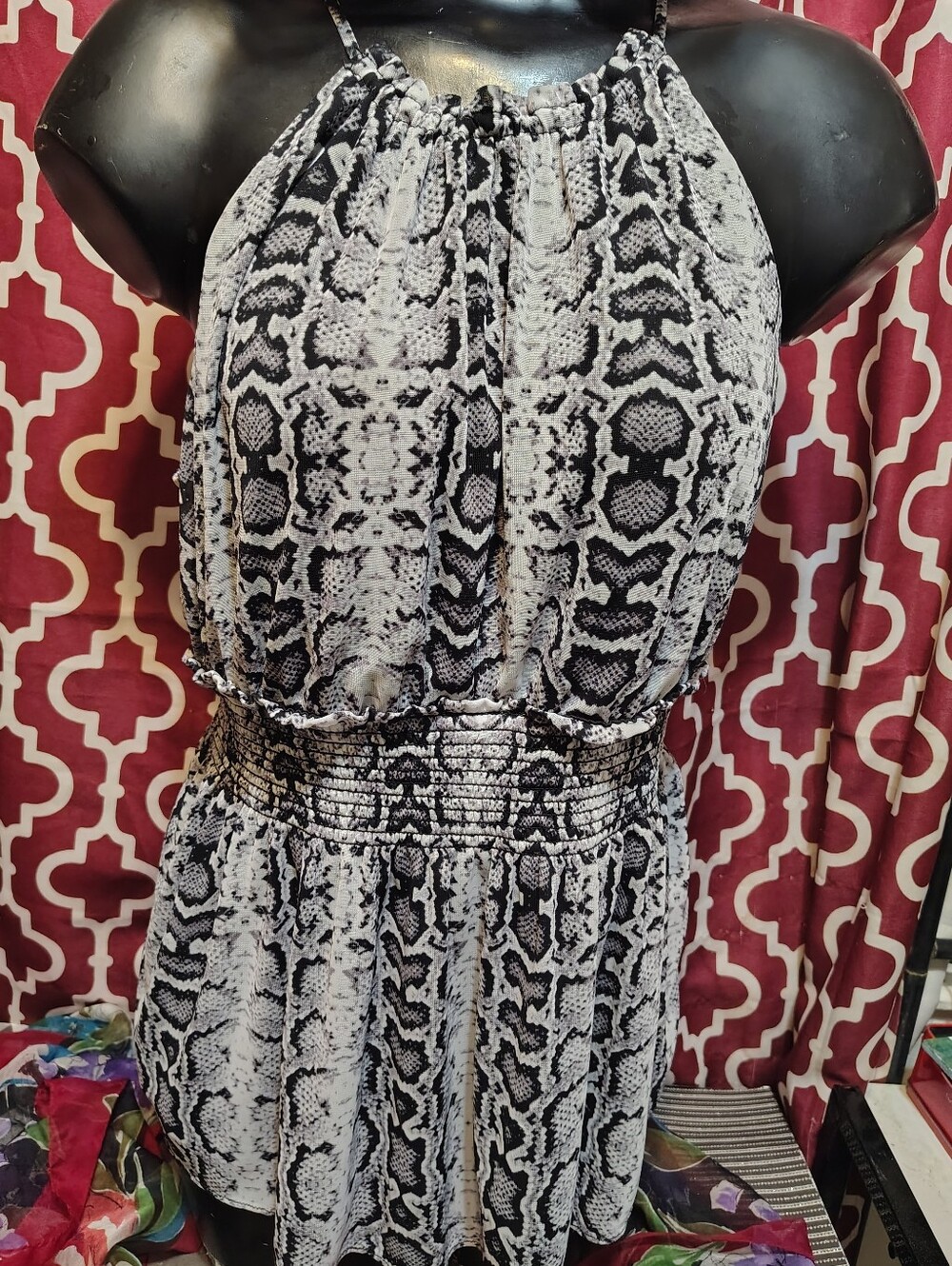 Spicy Express Black and White Snakeskin Halter Top Lined Spaghetti Strap Medium